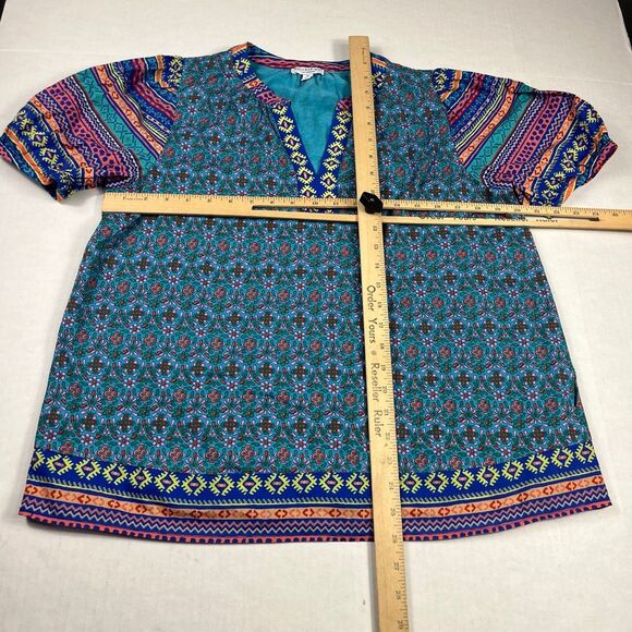 Current Air Floral Tribal Print Shirt Puff Short Sleeve Boho Vibrant Top MEDIUM - Picture 6 of 11